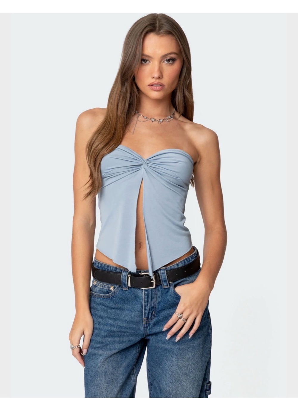 Edikted Twisted Split Front Tube Top Strapless - Light Blue